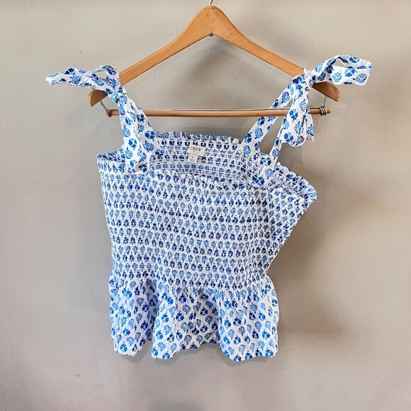 J.Crew Re-Imagined Blue & White Floral Smocked Tank Top With Tie Straps Womens L - Picture 1 of 7